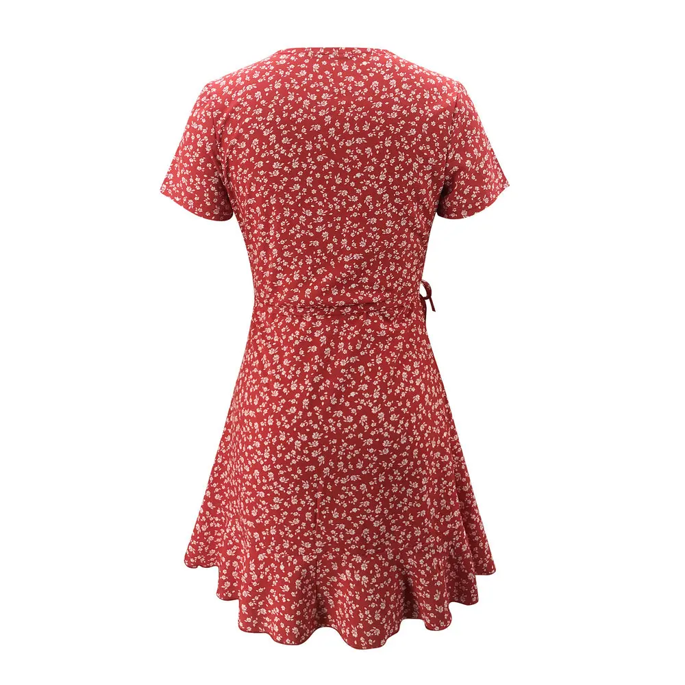 

Floal A-Line Dress Summer Women Sweet Elegant Floral Ruffles V-neck Bandage Lace Up Short Sleeve Dress Chic Flowers Mini Dress