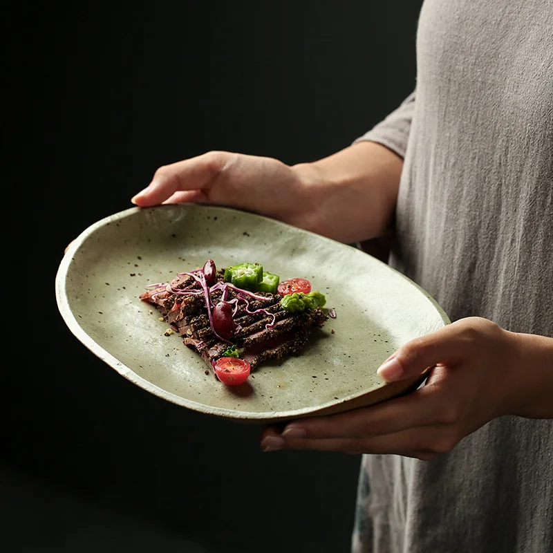 

Японская винтажная керамическая обеденная тарелка, нестандартные лотки, фруктовый стейк ручной работы, столовые приборы для дома, ресторан...