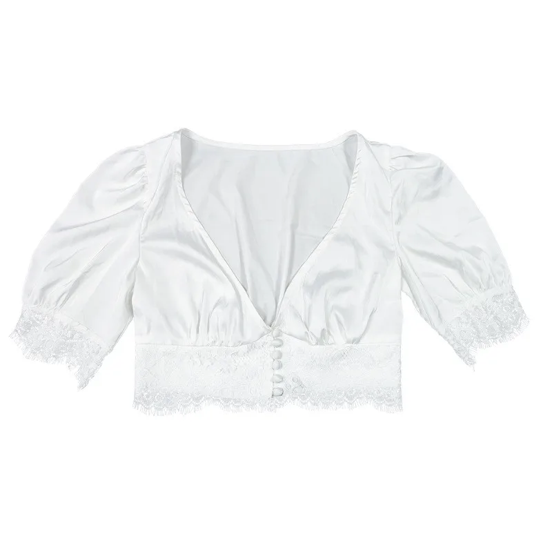 

New Sexy 2021 Women Top Puff Sleeve Lace Summer White V Neck Short Cardigan Tops Lady Fashion Polyester Solid Slim