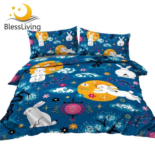 BlessLiving Cute Rabbit Bedding Set Chinese Mid Autumn Festival Duvet Cover Full Moon Bed Set Cartoon Bedspread for Kids Bedroom 1