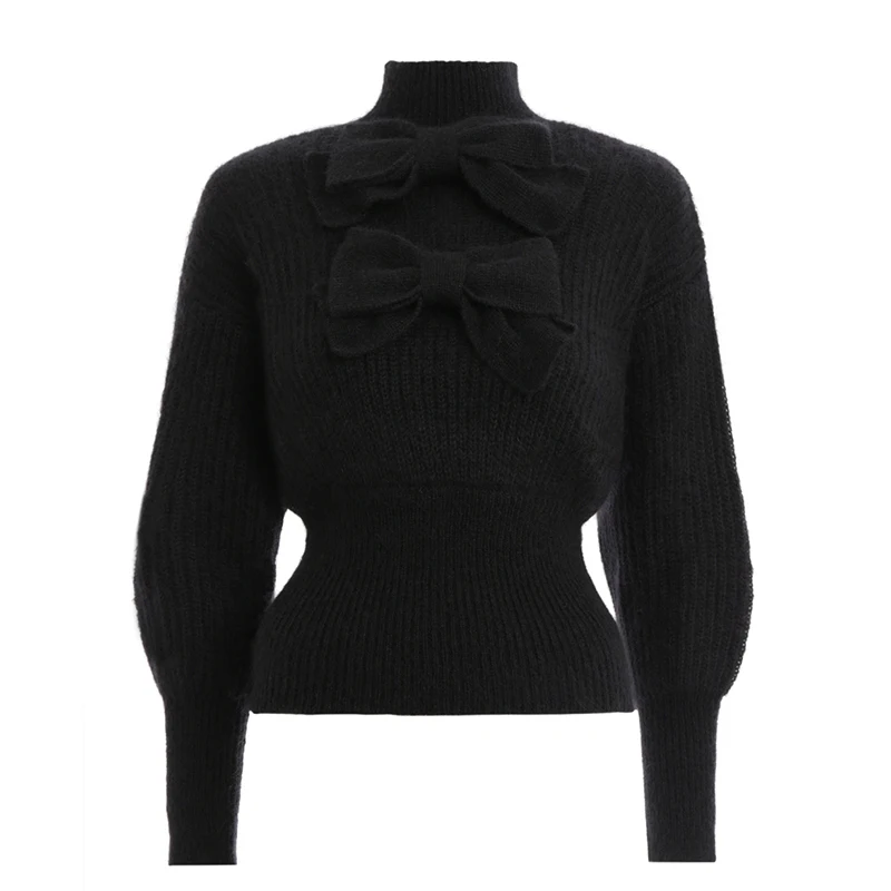 black TWOTWINSTYLE, элегантный женский свитер с бантом, водолазка, рукав-фонарик, однотонный пуловер, свитера, женские,, мода, осень, Новинка - Цвет: black