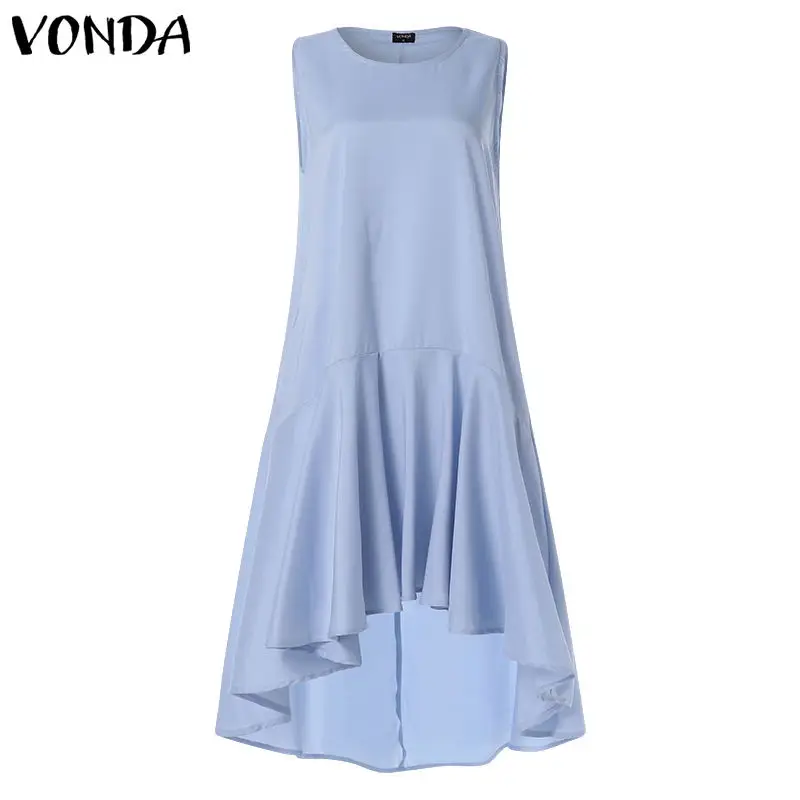 blue VONDA повседневное одноцветное платье для женщин Лето женское платье с оборками и асимметричным подолом рыбий хвост элегантный сарафан длинная секция размера плюс - Цвет: blue
