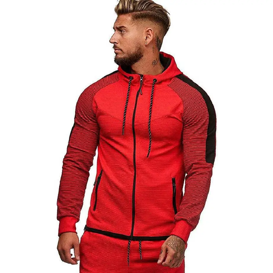 

2021 Autumn Winter New Large-size Striped Stitching Zipper Men's Hooded Garb Casual Sports Man Clothes Jacket Tracksuit Men