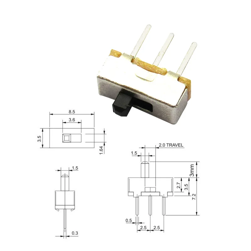 50 шт. 3 мм 4 высокая ручка скользящий переключатель 2 положения 1P2T SPDT Pin PCB панель