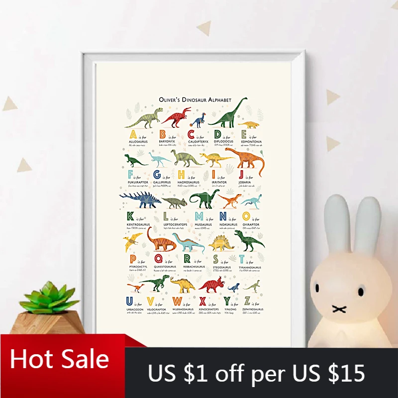 Динозавр Алфавит детская комната настенная Картина на холсте образовательные