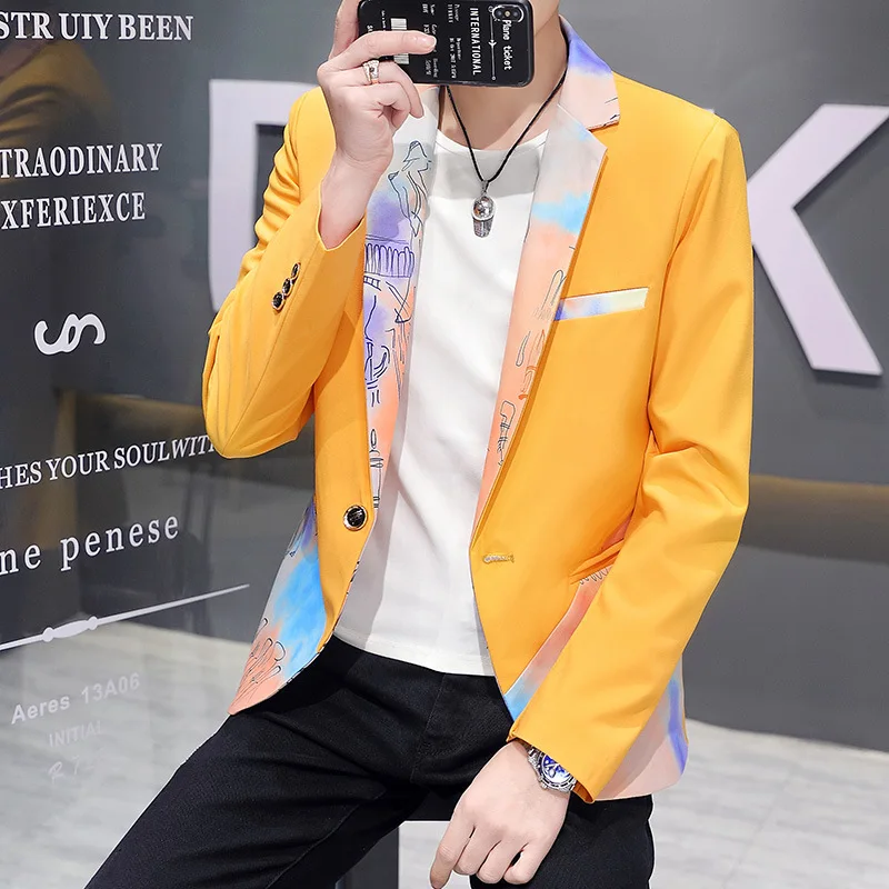 

HOO 2021 Men's Casual Handsome One Button Printed blazer Youth Slim Autumn Special Multicolor blazer