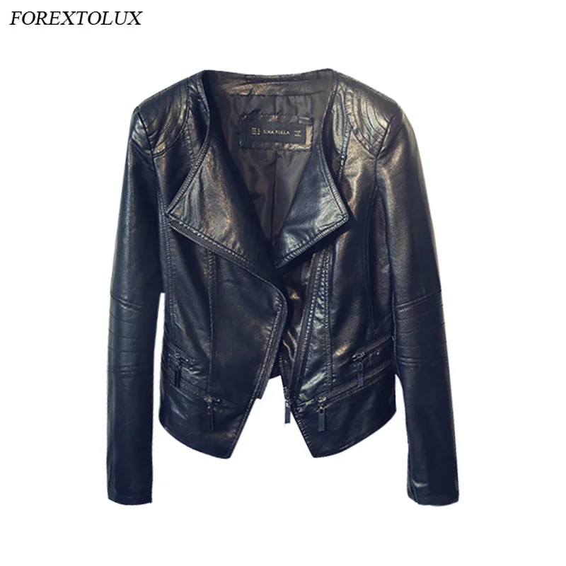 

Женская мотоциклетная куртка из мягкой кожи, черная приталенная Байкерская верхняя одежда из искусственной кожи на молнии с отложным ворот...
