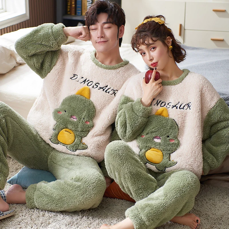 Casais conjuntos de pijamas feminino inverno engrossar pijamas sleepwear dinossauro dos desenhos animados amantes coreanos hoodies pijamas quentes macios 2