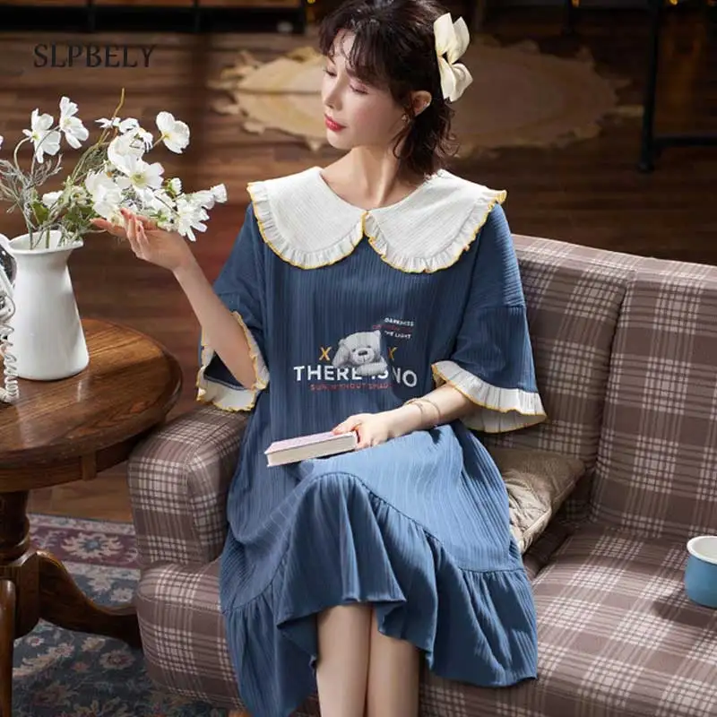 

SLPBELY Cotton Nightdress Sleepwear For Women Sweet Doll Collar Nightgowns Summer Lovely Nighty Sleepshirt Pyjamas Homewear Cute