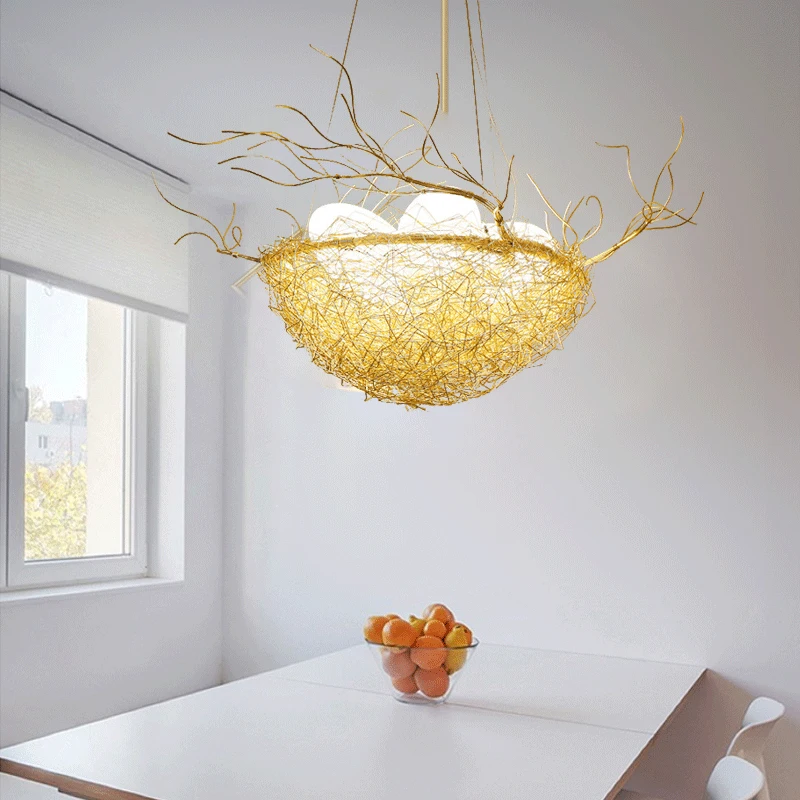 

Post Modern Handwork Gold Aluminium Steel Bird Nest Pendant Light Lamp Nordic Silver Alu Wire White Glass Egg Suspension Light