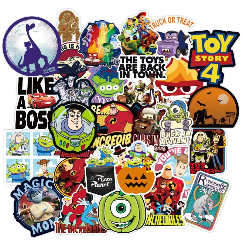 Juguetes de dibujos animados de Disney para ni&ntilde;os, 10/30/50 Uds., para patinador, guitarra, port&aacute;til, equipaje, coche divertido Pixar, impermeables, regalos para ni&ntilde;os-3
