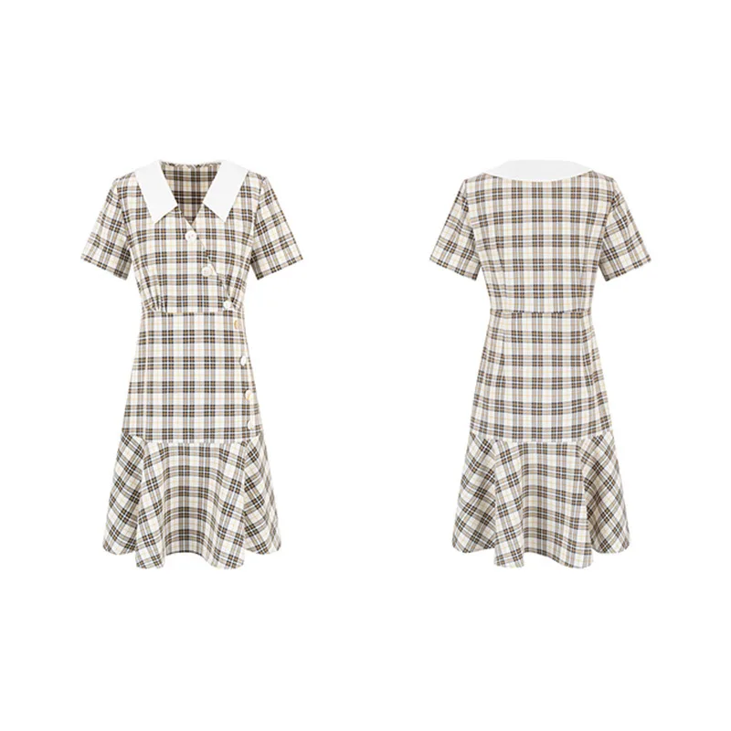 

Summer Dress Plaid Casual Women's Dresses Patchwork Button Women's Summer Long Dress Short Sleeve Summer Dresses Ladies 2021