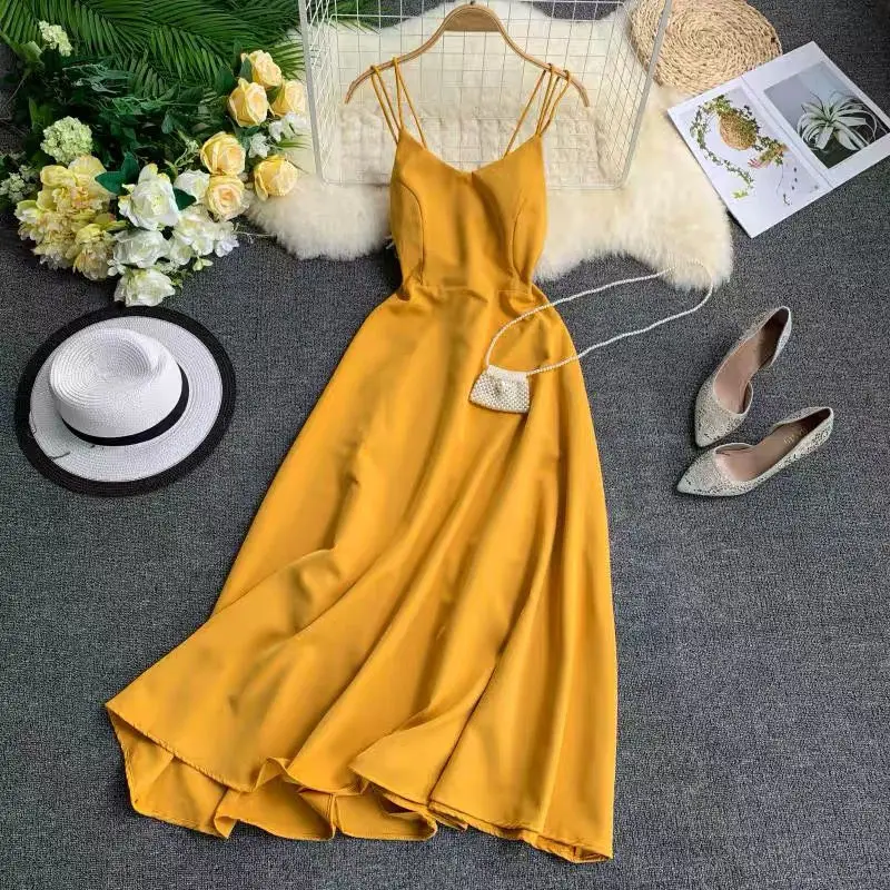 

ZOGAA 2021 New-Coming Spring Summer Holiday Dress Cross Spaghetti Strap Open Back Solid Beach Style Ankle-Length Women Dresses