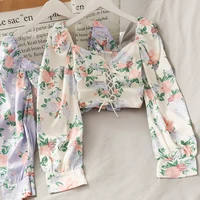 retro print long sleeved shirt tops 2021 new spring and summer all match floral puff sleeves belly button tube top blouses