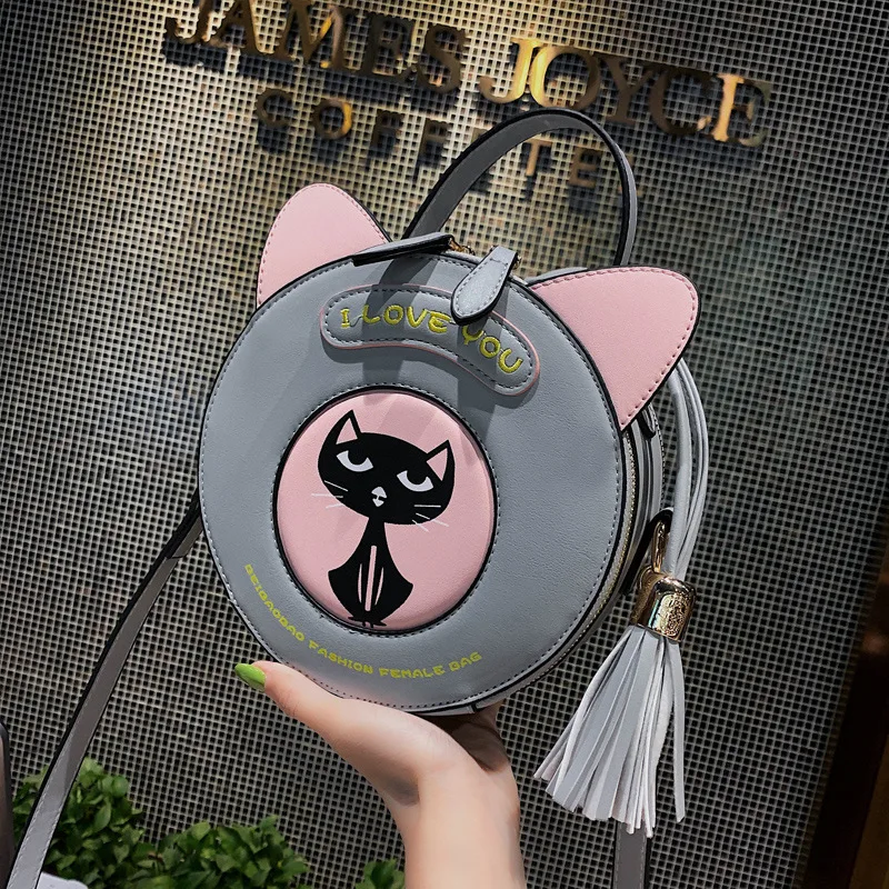 Очаровательные Круглые Женские сумки-мессенджеры с кисточками и кошками сумки