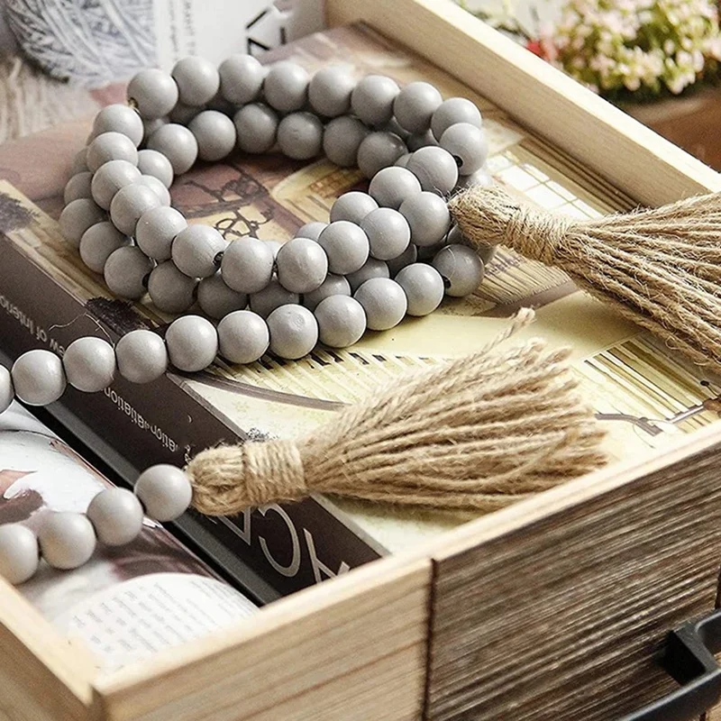 

Wood Bead Garland with Tassels,Farmhouse Beads Rustic Country Decor Prayer Boho Beads Wall Hanging Decoration