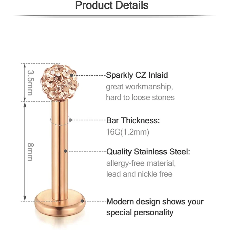 Серьга гвоздик для пирсинга губ с фианитом 16 г|Украшения тела| |