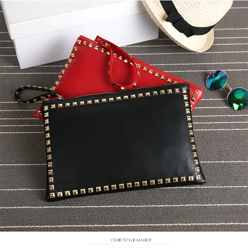 hisuely hot sale fashion women clutch handbag pu leather clutch bag rivets brand design retro lady envelop bag bolsa feminina sa free global shipping