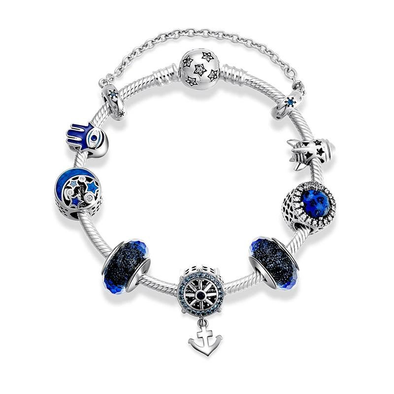 Hot 925 Sterling Silver Bracelets for Women Anchor Blue Enamel Star Crystal Beads Charm Snake Chain Bracelet Party Jewelry Gift | Украшения