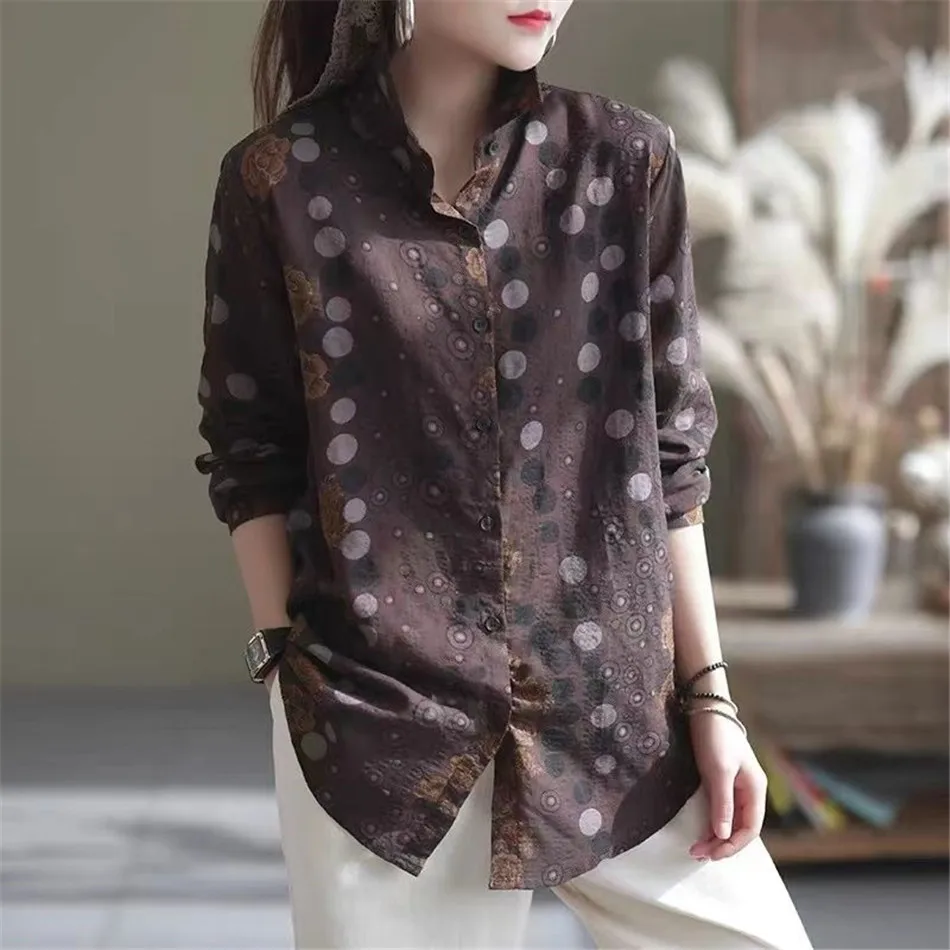 

Spring Autumn Vintage Cotton Linen Dots Women Blouses Long Sleeve Polo-Neck Shirts Ladies Casual Loose Tops Blusas MM1461