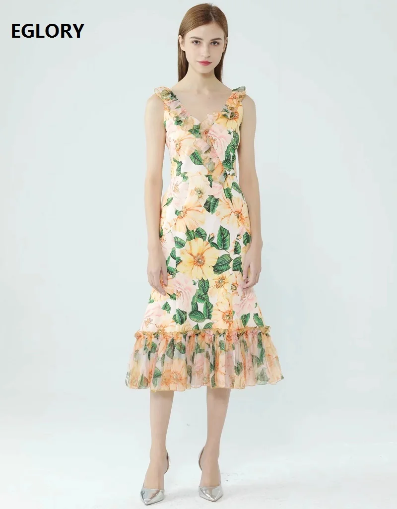 

Bodycon Dress New 2021 Summer Fashion Style Women V-Neck Charming Floral Print Ruffle Deco Sleeveless Midi Mermaid Dress Club
