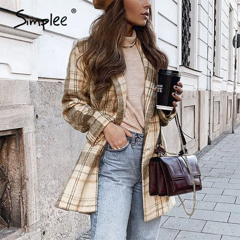 Simplee элегантное женское клетчатое твидовое пальто винтажное на пуговицах с