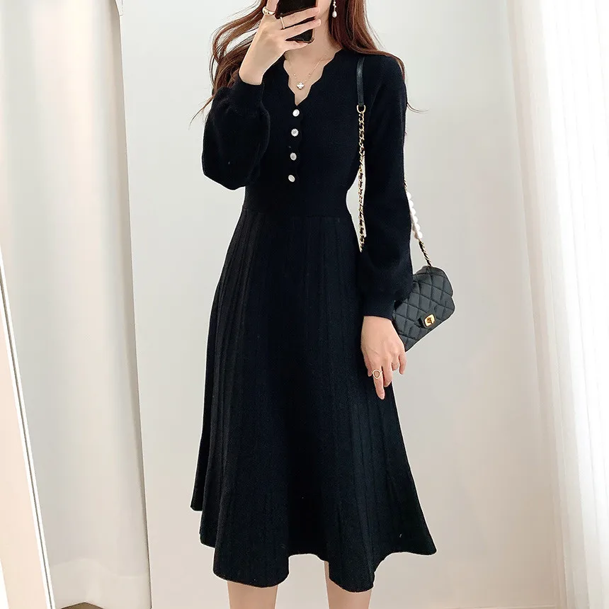 

2021 New Spring And Autumn Wave V-Neck Waist Fashion Temperament Thin Simple Knitting Dress With Long Skirt For Women