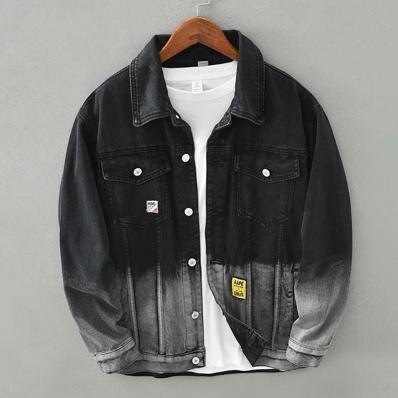 

H812 Men Personality Gradient Jacket Autumn Fashion All-Match High Street Retro Outerwear Hang Dye Washing Pocket Patchwork Coat