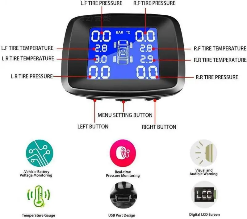 Беспроводная автомобильная система контроля давления в шинах TPMS 4 внешних