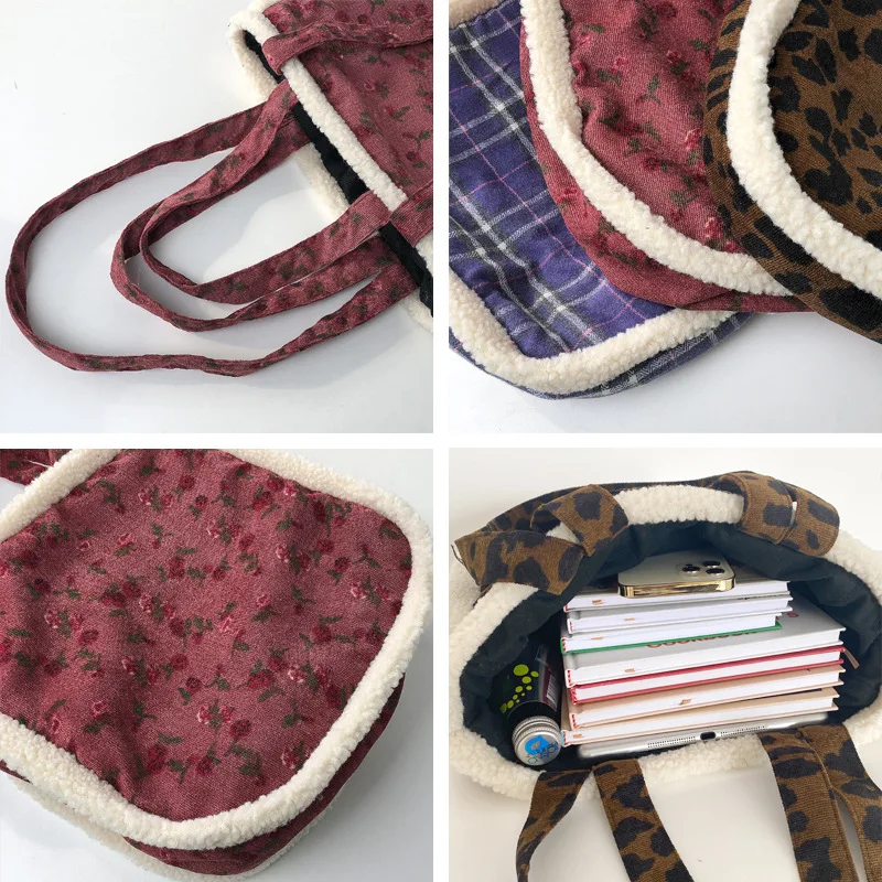 

Vintage Leopard Plaid Women Handbags Corduroy Floral Ladies Large Shoulder Shopping Bags Retro Student Girls Travel Casual Tote
