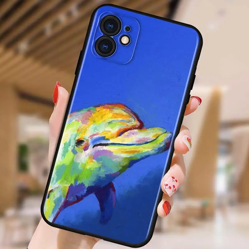 

Sea Animal Cute Dolphin for iPhone 5 5S 6 7 8 X XR XS 11 SE 12 2020 mini Plus Pro MAX TPU Black Soft Cover