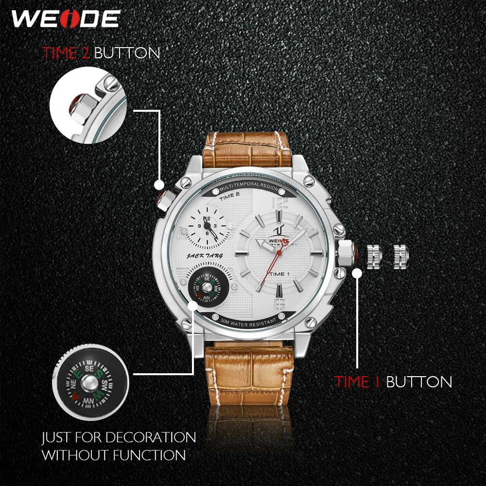 WEIDE топ бренд мужские часы Роскошные спортивные коричневые кожаный ремешок