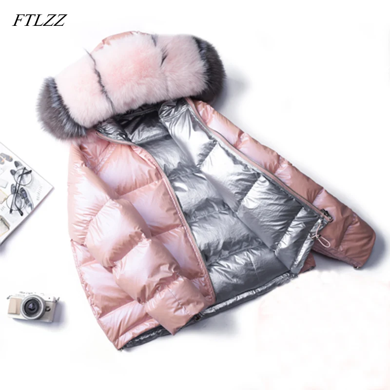 FTLZZ,, зимняя куртка для женщин, белый утиный пух, Большая Меховая верхняя одежда, водонепроницаемая, Свободное пальто, Толстая теплая пуховая парка