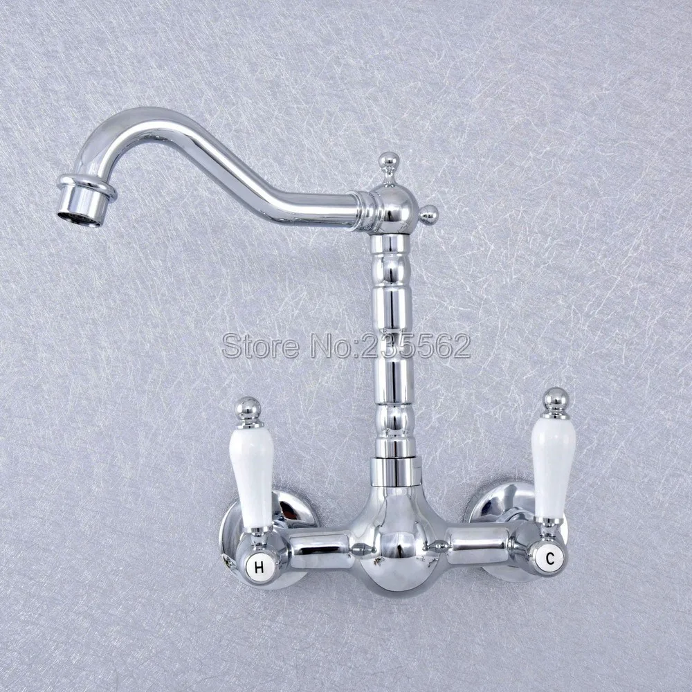 Полированный хромированный настенный смеситель с двойной ручкой для кухонной