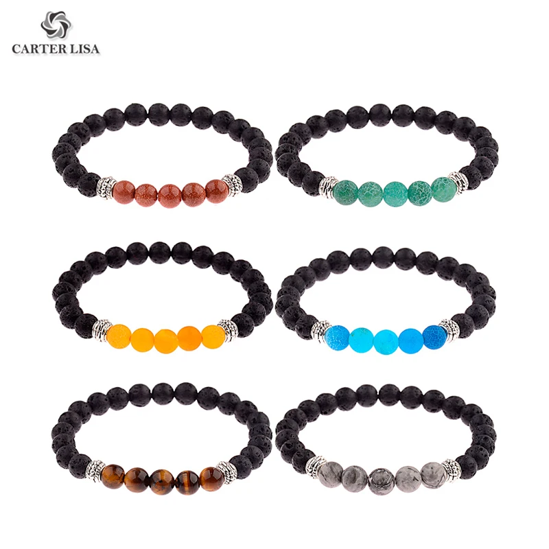 CARTER LISA Charm Мужской 8 мм черный Лава камень белый эластичный бисер браслеты