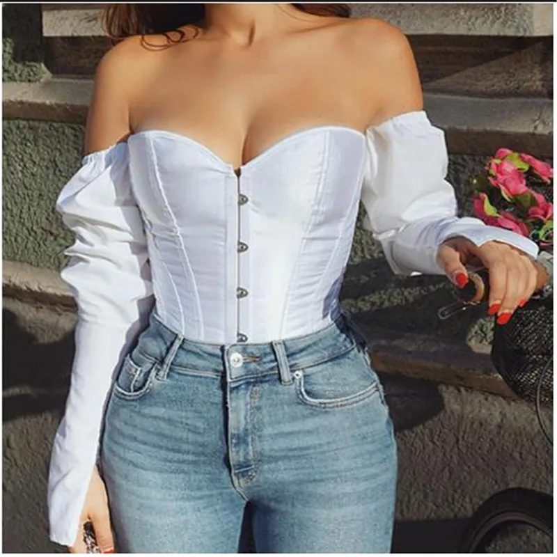 

Solid Corset Lady Bandage Fashion Shirt Back Sexy Girls Leotard Female Shoulder Tops Blouse Off Wear Ladies' Women Slim Bustier