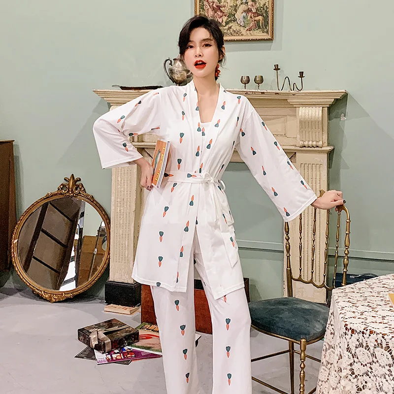 

3 Piece Spring Cute Printed Pajamas Set Summer Kimono Sleepwear Women Cotton Pajamas Top Long Pants Nightsuit With Chest Pad