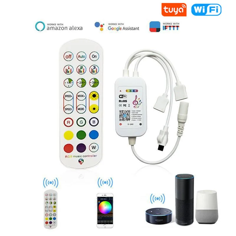 

Умный светодиодный контроллер Tuya, Wi-Fi, 4 контакта, RGB Светодиодная лента, музыкальный контроллер RGB, 5-24 В, 24 кнопки, дистанционное Голосовое уп...