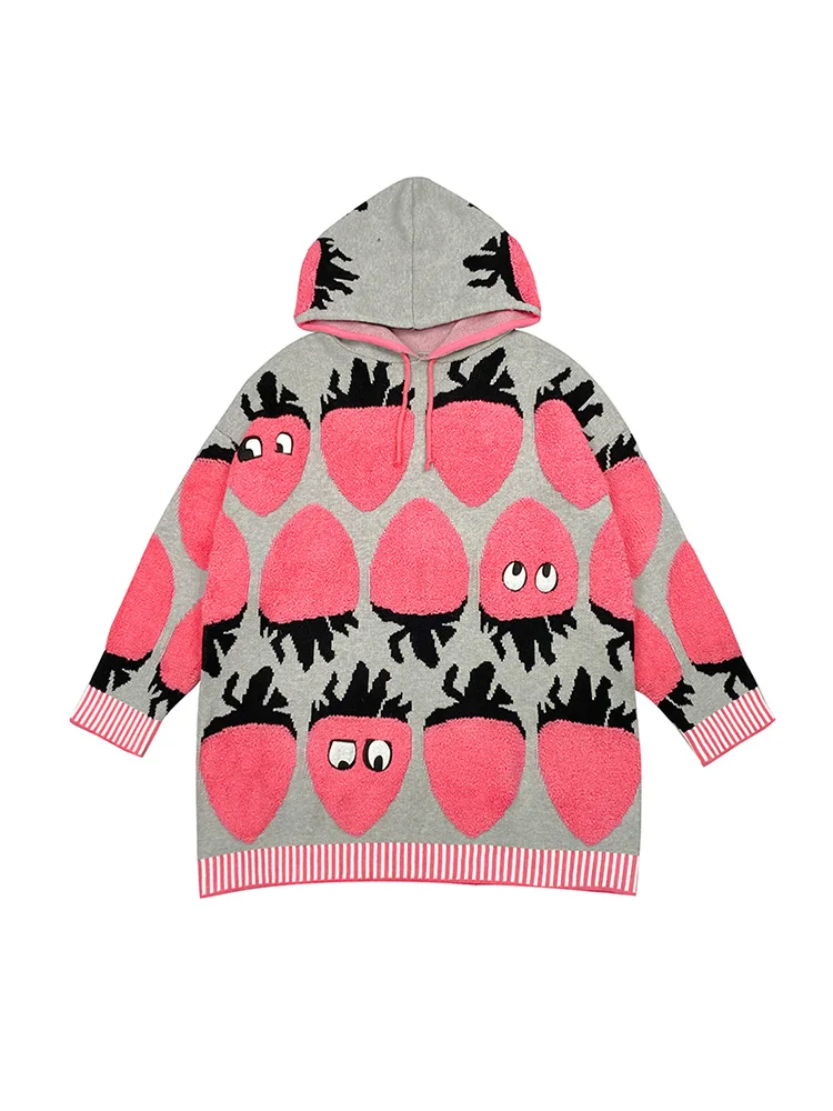 

2021 Autumn and Winter Women Long Streetwear Strawberry Jacquard New Arrival Loose Thick Sweaters
