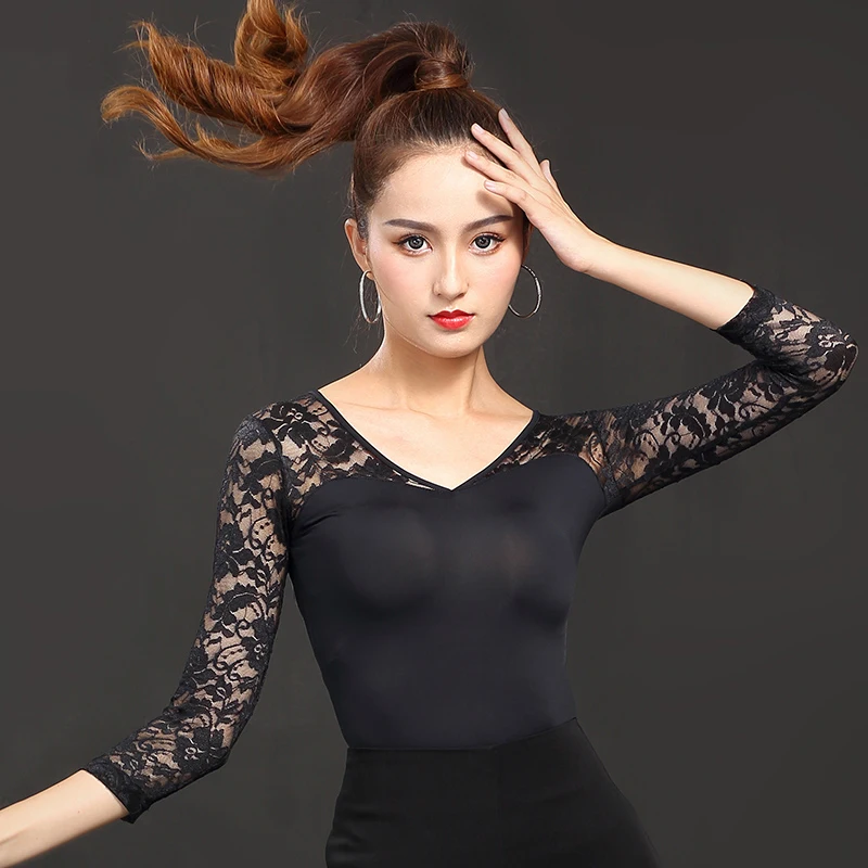 

Latin Dance Tops Women Rumba Practice Shirt Modern Dance Ballroom Dress Standard Female Tango Black Lace Sleeve Tops DQL1804