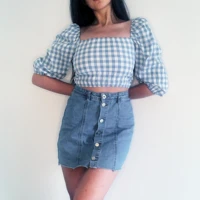 ganiazzes ruffled smocking blouses women chic square neck blue and white plaid boluse spring casual vintage crop word shoulder