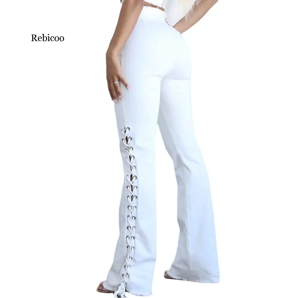 

Rebicoo Summer Sexy High Waist Hip Side Bandage White Denim Stretch Women Slim Fit Jeans Women