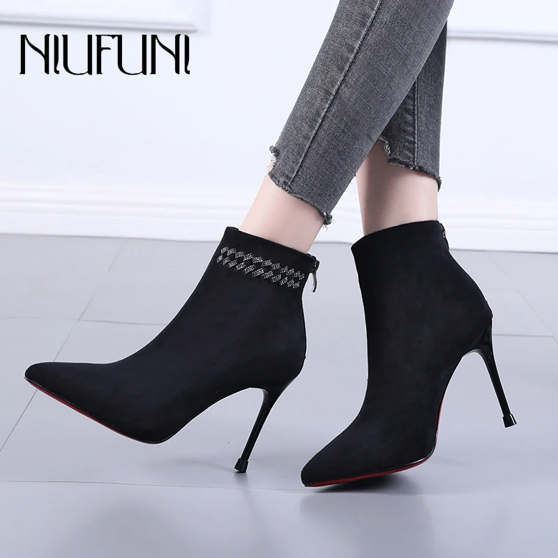 

NIUFUNI Autumn Rhinestone Pointed Suede High Heels Stiletto Women's Boots Sexy Black Elegant Ankle Boots Back Zipper Botas Mujer