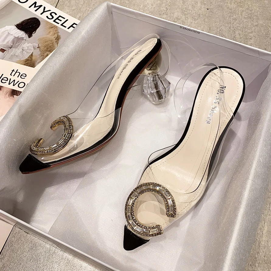 

luxury clear sandals women shoes crystal high heels pointed toe pumps fashion trendy back strap slides PVC transparent sandal