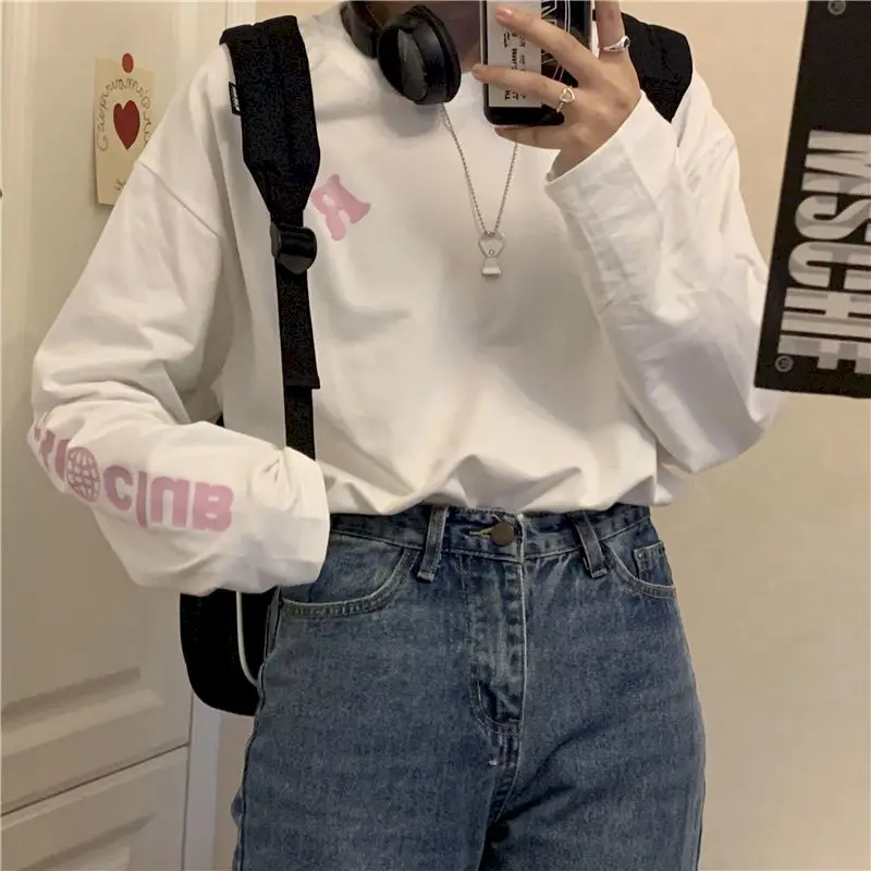 

2021 Spring Autumn Cotton Long Sleeve T-shirt Female Harajuku New Round Neck Loose White Top Plus Fashion Gothic Punk Clothes