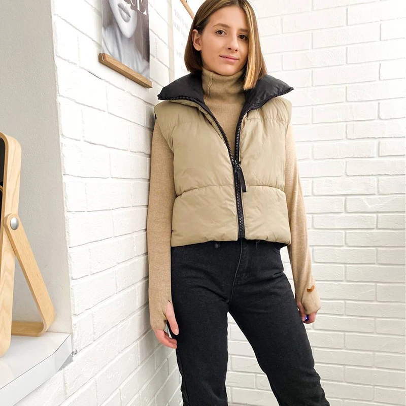 

2021 Autumn Winter Fashion Cropped Vest For Women Vintage Double-Sided Sleeveless Parkas Jacket Female Casual Short Cotton Coat