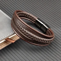 2022 charm mingao punk mens woven multi layer brown leather homme gift stainless steel bracelet jewelry free shipping items
