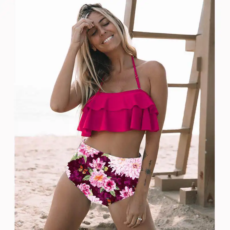 Женские купальники из двух частей топ с оборками и высокой талией комплект