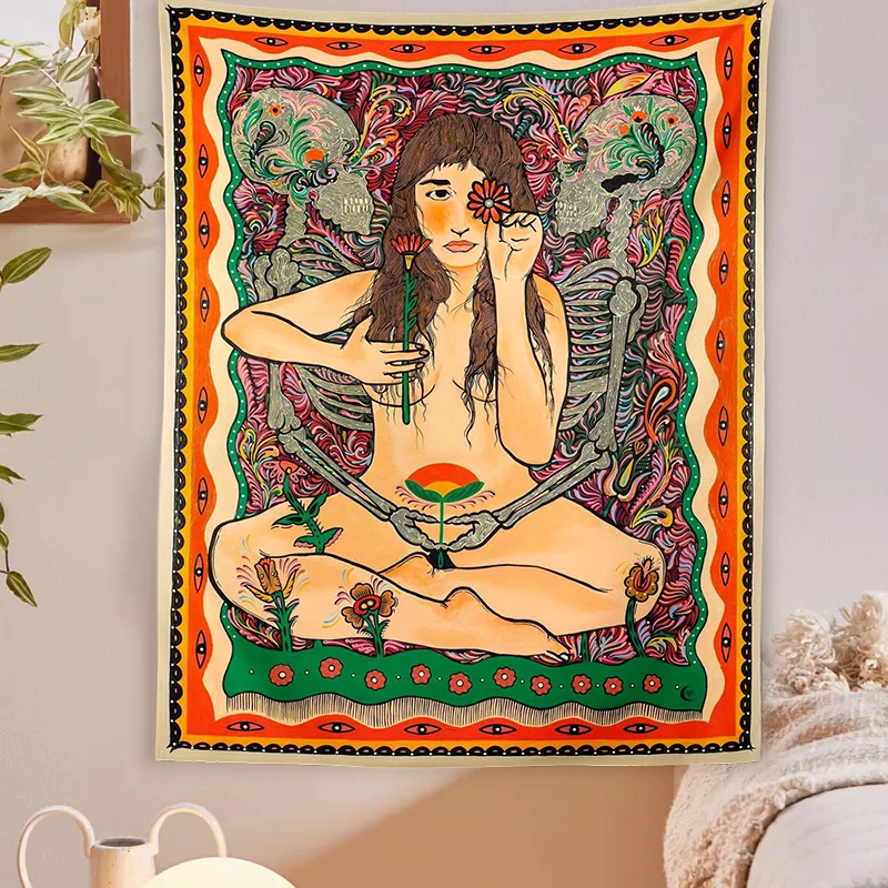Skull Lover Tapestry Sexy Nude Women Colorful Flower Moon Star Wall Hanging Aesthetic Room Decor Art | Дом и сад