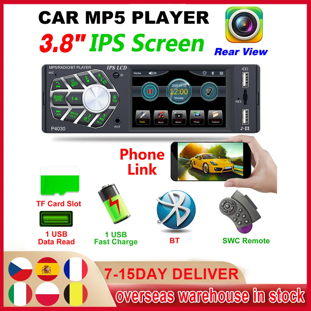 

1 DIN 3.8 Inch Car Radio Stereo Player Touch Screen Digital Hand Free Aux In TF USB FM Radio Car MP3 Player With Remote Control